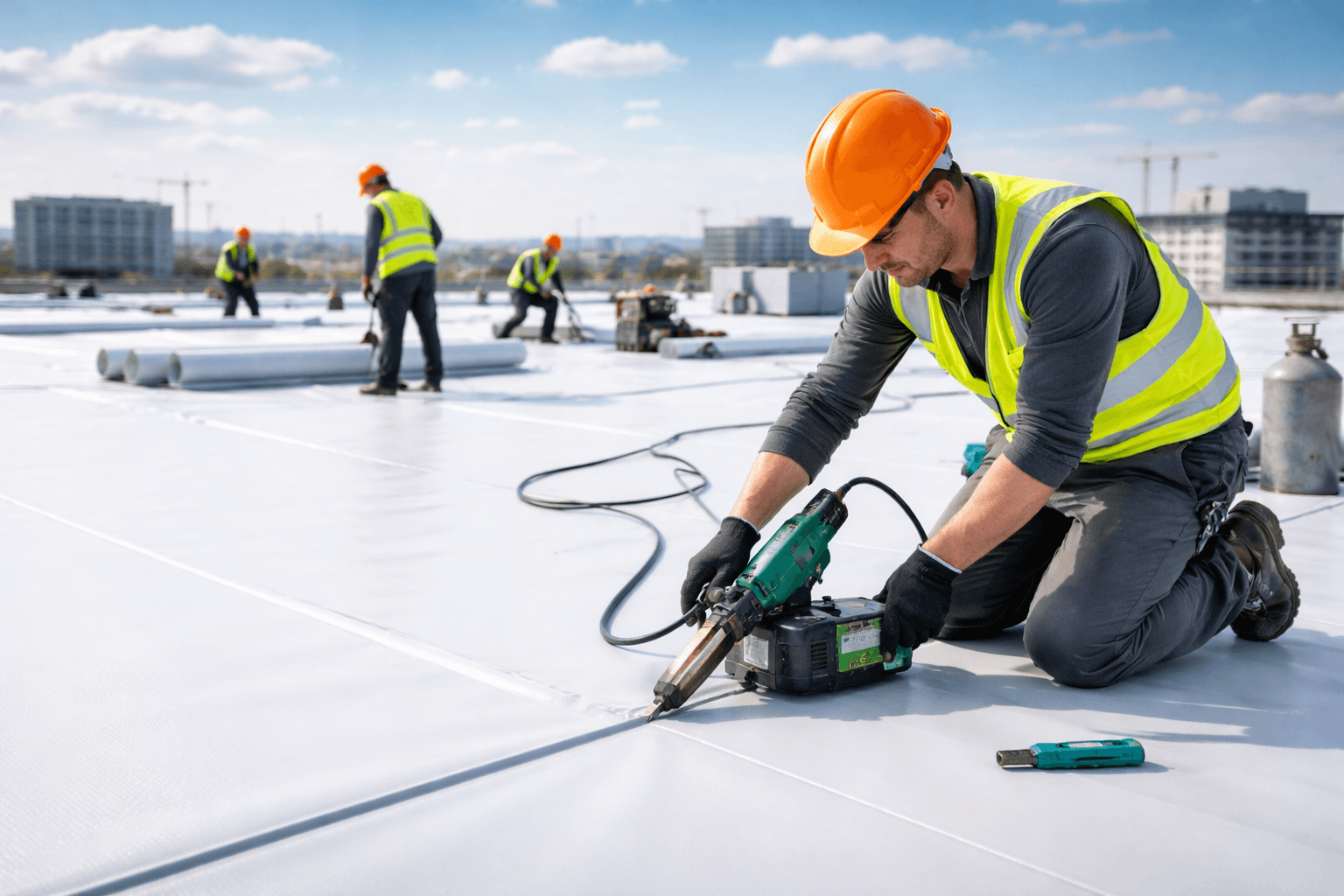 Профессиональная укладка и сварка в кровельную систему из ПВХ мембраны на плоской крыше. Гарантия герметичности и долговечности для офисных, торговых и промышленных объектов. Работы под ключ от компании «КровляФасадСистема».